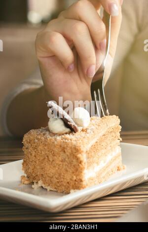 Closeup of female hand holding dessert fork over piece of honey cake in cafe Stock Photo
