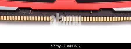Modern red DDR-4 RAM memory module connector close up. Isolated on white, clipping path included Stock Photo