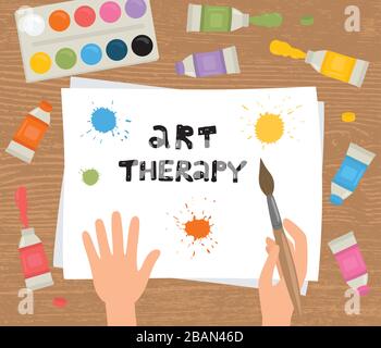 Art therapy. Hands, brush, paint, sheet of paper on a wooden background. Stock Vector
