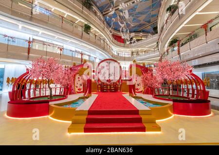 Lunar New Year decorations in the empty IFC Mall in Shanghai, China. Stock Photo