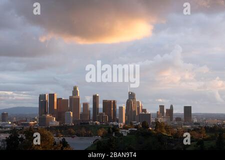 Downtown Los Angeles at sunset with storm clouds Stock Photo