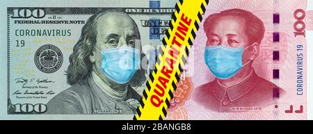 Banknotes of American dollars and Chinese yuan Stock Photo