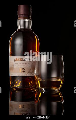 Aberlour 12yr Double Cask Whiskey 2018/2020, studio lighting, rim lighting. Stock Photo