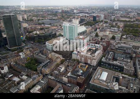 Aerial View of the UCH Hospital London from the BT Tower, 60 Cleveland St, Fitzrovia, London W1T 4JZ Stock Photo