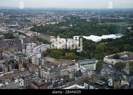 Aerial View of Regents Park & Park Crescent by John Nash London from the BT Tower, 60 Cleveland St, Fitzrovia, London W1T 4JZ Stock Photo