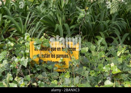 Nemocon, Cundinamarca / Colombia; March 24, 2018: sign in the town's central square: Nemocon is rumored to have the most beautiful parks Stock Photo