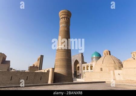 Kalon minaret, and Madrasa Mir-i Arab, or Mir Arab Madrasa, Bukhara, Buchara, Uzbekistan, Central Asia, Asia Stock Photo