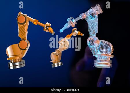 A Industry 4.0 concept -  Robot arm in smart factory background Stock Photo