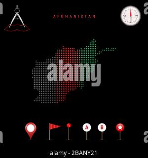 Dotted map of Afghanistan painted in the colors of the national flag of Afghanistan. Waving flag effect. Map tools, set of cartographic icons. illustr Stock Photo