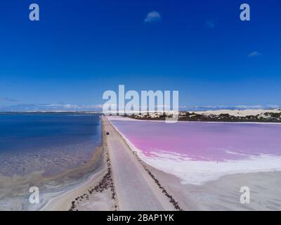 'The Pink Lake' which is a section of Lake MacDonnell near Penong South Australia which has one of the worlds largest gypsum deposits. Stock Photo