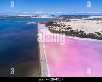 'The Pink Lake' which is a section of Lake MacDonnell near Penong South Australia which has one of the worlds largest gypsum deposits. Stock Photo