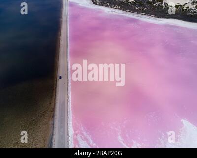 'The Pink Lake' which is a section of Lake MacDonnell near Penong South Australia which has one of the worlds largest gypsum deposits. Stock Photo