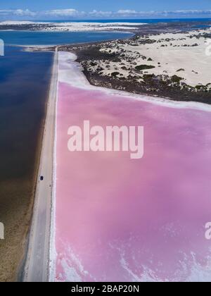 'The Pink Lake' which is a section of Lake MacDonnell near Penong South Australia which has one of the worlds largest gypsum deposits. Stock Photo