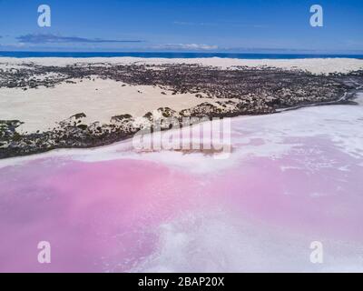 'The Pink Lake' which is a section of Lake MacDonnell near Penong South Australia which has one of the worlds largest gypsum deposits. Stock Photo