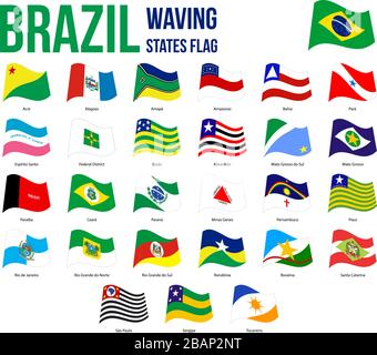 Brazil All States Waving Flags Vector Illustration in Official Colors And Proportion. Brazil States Flag Collection. Stock Vector