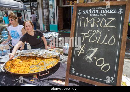 Miami Florida,Little Havana,Calle Ocho Street Festival,Hispanic celebration,food,vendor vendors stall stalls booth market marketplace,buyer buying sel Stock Photo