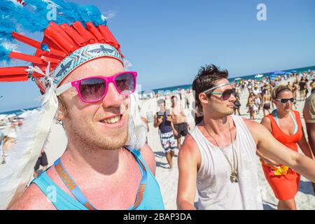 Miami Beach Florida,spring break,Funkshion Fashion Week,event entrance,man men male adult adults,Indian headdress,FL110331110 Stock Photo