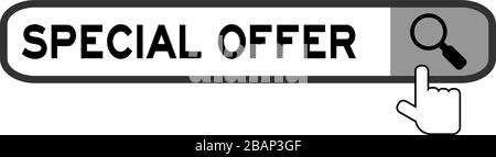 Search box with word special offer and hand icon over magnifier on white background Stock Vector