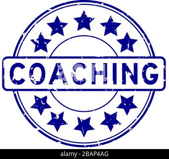 Grunge blue coaching word with star icon round rubber seal stamp on white background Stock Vector