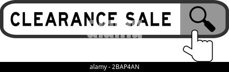 Search box with word clearance sale and hand icon over magnifier on white background Stock Vector