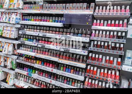 Miami Beach Florida,Walgreens,woman's,men's cosmetics,nail polish,display case sale,prices,pricing FL110516034 Stock Photo