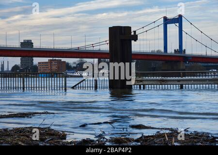Duisburg, Germany March 08 2020: Rhine river Promenade in Duisburg flooded Stock Photo