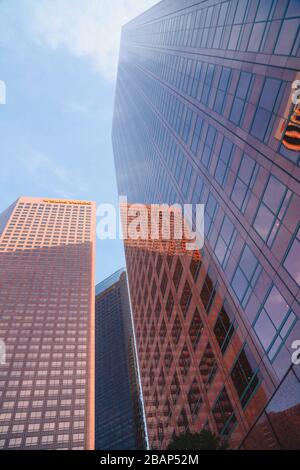 Los Angeles/ USA - December 18, 2017 Skyscrapers in Downtown Los Angeles. Low angle view, vertical banner Stock Photo