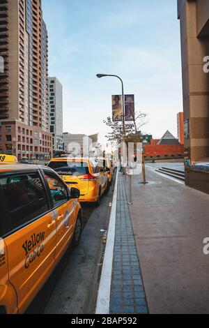 Los Angeles/ USA - December 18, 2017 Downtown Los Angeles modern architecture, street view, traffic, taxi cab Stock Photo