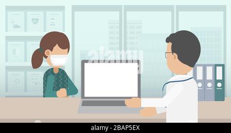 Doctor with empty screen notebook patient wear mask characters vector illustration Stock Vector