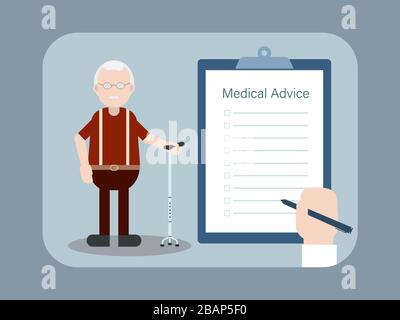 Medical advice for senior patient with hand on blank checklist vector illustration Stock Vector