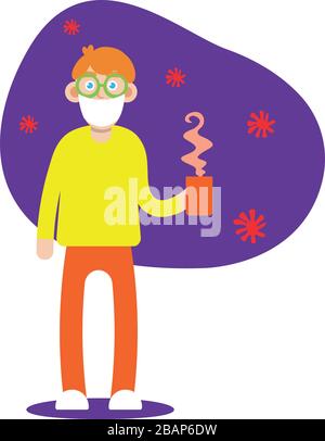 Wuhan sick with flu. Young man having a cold, holding medicines and a cup, cartoon style. Winter flu season. Vector of A Man Wearing a Protective Mask Stock Vector