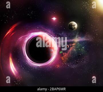 3d illustration of a warp planet in space time continuum creating a wormhole around it Stock Photo