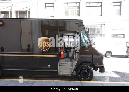 UPS truck parked on a San Francisco street; August 2018 Stock Photo