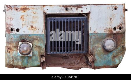 Broken glass headlights an radiato  on the rusty iron of a blue vinatge  bus Stock Photo