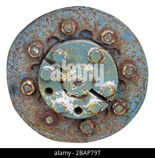 Rusty hard solid iron  wheel  with bolts and nuts from an retro tractor . Isolated on white natural  colors simplistic  object Stock Photo