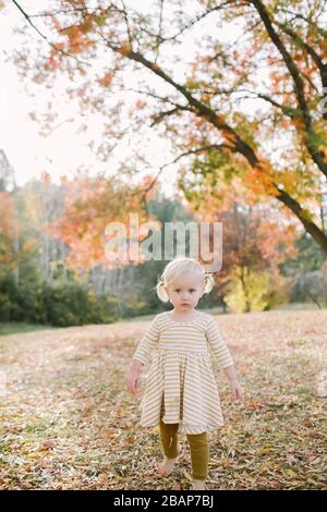 Toddler girl in yellow dress walking under trees Stock Photo