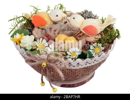 Easter handmade  nest   from rope  and  moss with  funny  papers birds and eggs  from  sheep wool . Isolated on white studio macro shot Stock Photo