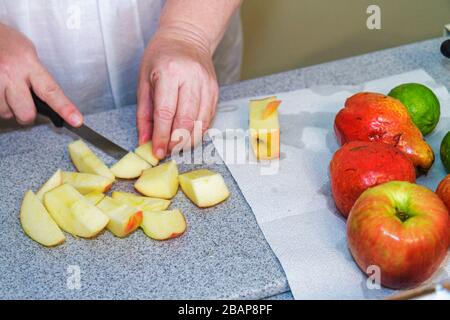 Miami Beach Florida,kitchen,making fruit fruits compote,apples,pears,limes,cranberries,adult adults woman women female lady,woman's,hand,hands,knife,c Stock Photo