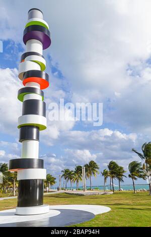 Miami Beach Florida,South Pointe Park,Point,Art Basel,public park,Art in Public Places,sculpture,Tobias Rehberger,Obstinate Lighthouse,waterfront,palm Stock Photo