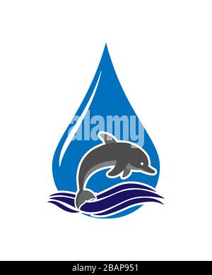 Dolphin jumps out of the waves against the background of a drop of water. Logo, logo, or sticker for websites and apps. Simple flat design Stock Vector