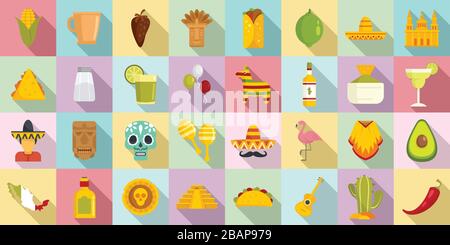 Mexico icons set. Flat set of Mexico vector icons for web design Stock Vector