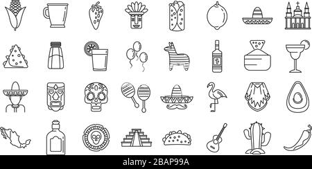Mexico fiesta icons set. Outline set of Mexico fiesta vector icons for web design isolated on white background Stock Vector