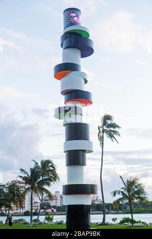 Miami Beach Florida,South Pointe Park,Point,Art in Public Places,sculpture,Tobias Rehberger,Obstinate Lighthouse,Government Cut,Fisher Island,palm tre Stock Photo