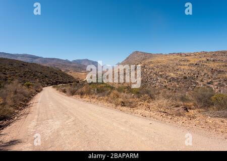 A farm and road landscape at Keurbos in the Cederberg Mountains of the Western Cape Province of South Africa Stock Photo