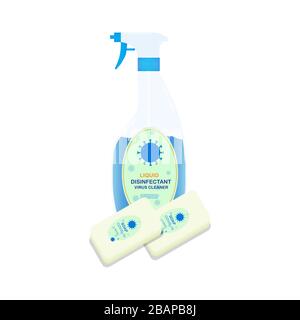 liquid disinfectant hand sprayer and soap virus cleaner. hand disinfectant bottle and disinfection spray and wet wipe disinfection Stock Vector