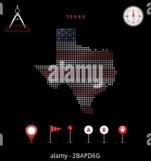 Dotted map of Texas painted in the colors of the national flag of the United States. Waving flag effect. Map tools, set of cartographic icons. Vector Stock Vector