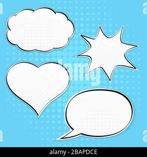 Speech bubbles in different shape on blue background. Pop art style Stock Vector
