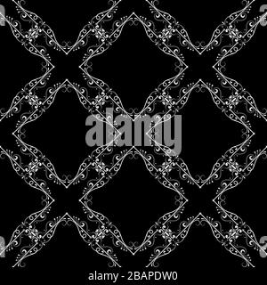 White filigree design on black background. Floral grid seamless pattern Stock Vector