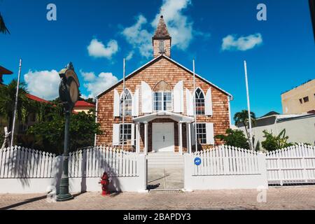 The Methodist Church and public clock in Philipsburg, St. Maarten, Dutch Caribbean Stock Photo