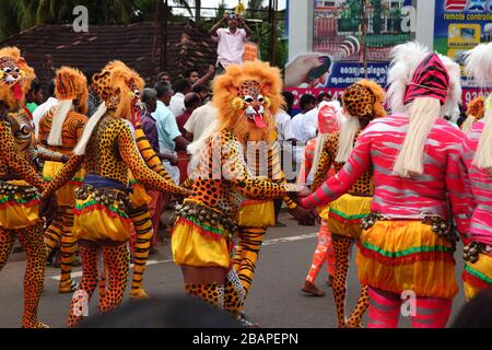 Traditional Pulikali at Trissur,kerala during Onam festival.Painted tigers in human body.Body art Stock Photo